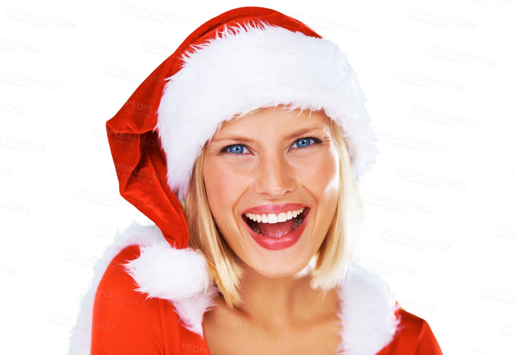 Buy stock photo Christmas, happy and portrait of a young woman with a smile for a festive or holidays. Xmas costume, santa and face of a excited female model from Australia isolated by transparent png background.