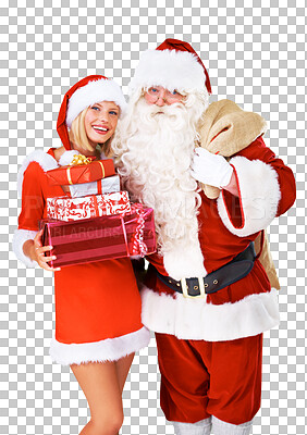 Buy stock photo Celebrate, Christmas present and  Santa Claus with help isolated on a transparent background. Happy, festive and portrait of man and woman in a red costume on PNG with gift for holiday event 