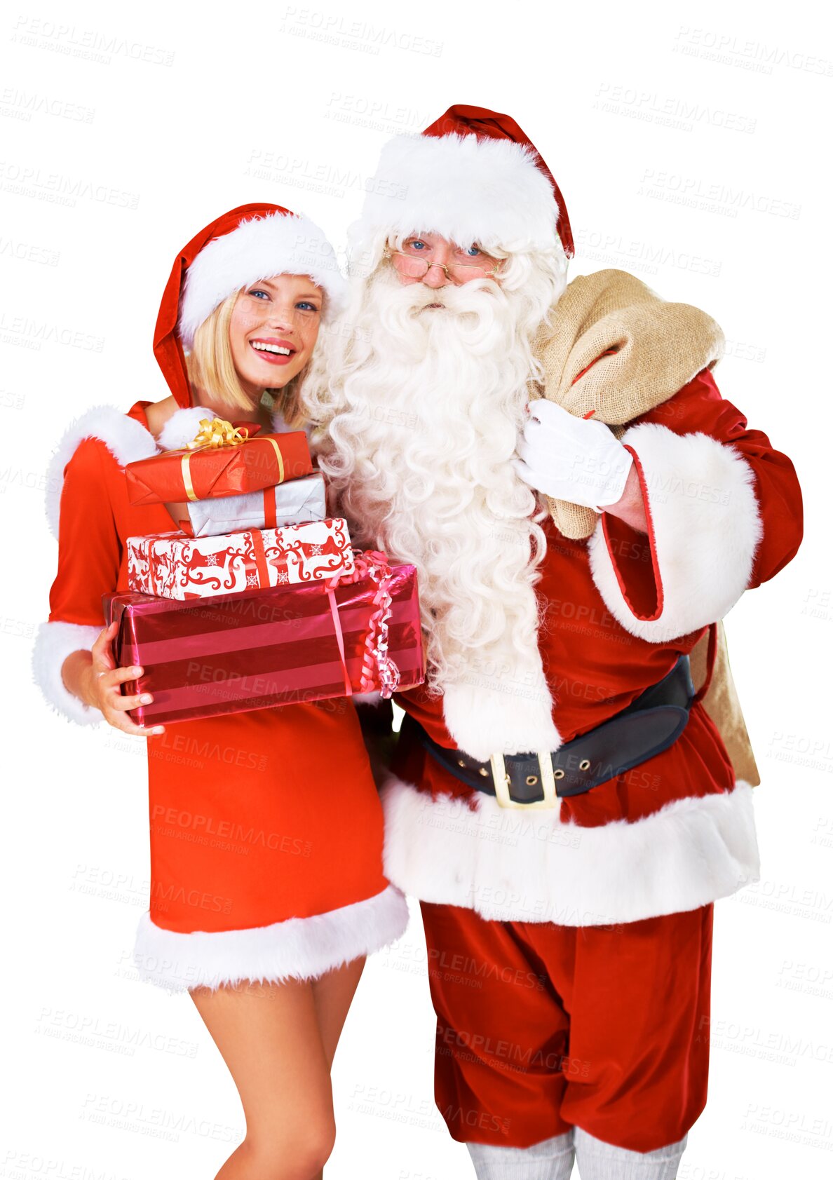 Buy stock photo Celebrate, Christmas present and  Santa Claus with help isolated on a transparent background. Happy, festive and portrait of man and woman in a red costume on PNG with gift for holiday event 