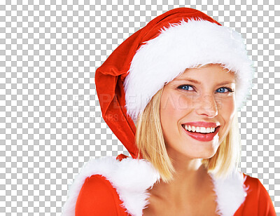 Buy stock photo Christmas, face and portrait of happy woman with santa hat for festive, tradition or holidays. Costume, smile and headshot of excited girl model from Australia isolated by transparent png background.