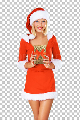 Buy stock photo Portrait, Christmas and gift with a woman Santa Claus isolated on transparent background for celebration. Box, present and festive season with a female in a red costume for a December event on PNG