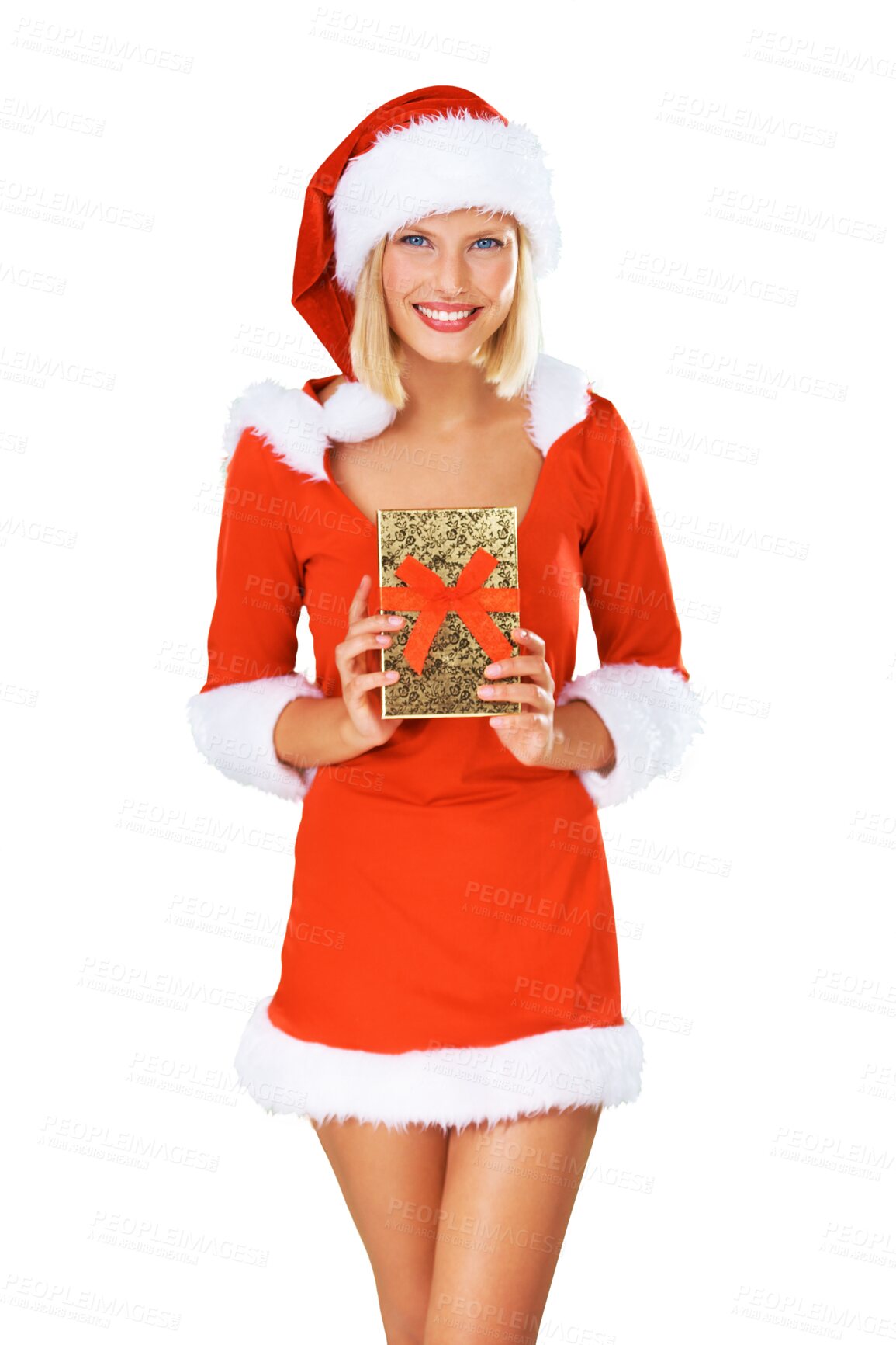 Buy stock photo Portrait, Christmas and gift with a woman Santa Claus isolated on transparent background for celebration. Box, present and festive season with a female in a red costume for a December event on PNG