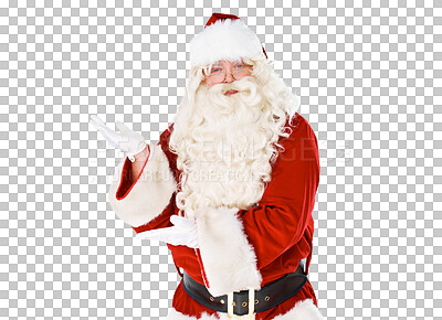 Buy stock photo Father Christmas, portrait or man with promotion, holiday or presentation isolated on a transparent background. Face, character or Santa Claus with gesture, sales or marketing with png or advertising