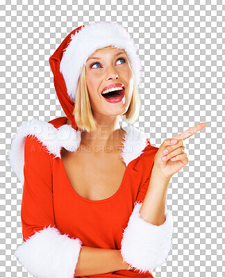 Buy stock photo Woman, thinking and Christmas hat with point, promotion or ideas in Santa clothes by transparent png background. Lady, xmas costume and Mrs Claus with gesture, sign or icon for festive holiday season