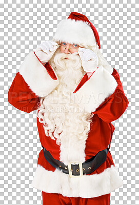 Buy stock photo Portrait, christmas and serious with santa claus in glasses isolated on transparent background. Celebration, eyewear and a man in costume for festive season on PNG in winter or the december holidays