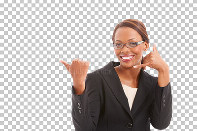 Buy stock photo Happy black woman, portrait and call me in business for consultation or contact us isolated on a transparent PNG background. African female person employee and hand gesture for calling or advertising