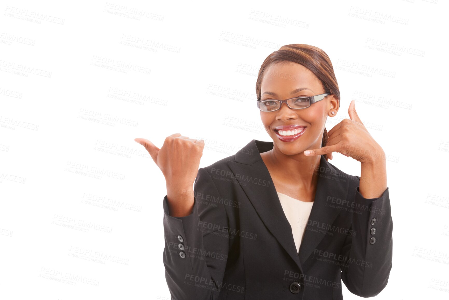 Buy stock photo Happy black woman, portrait and call me in business for consultation or contact us isolated on a transparent PNG background. African female person employee and hand gesture for calling or advertising