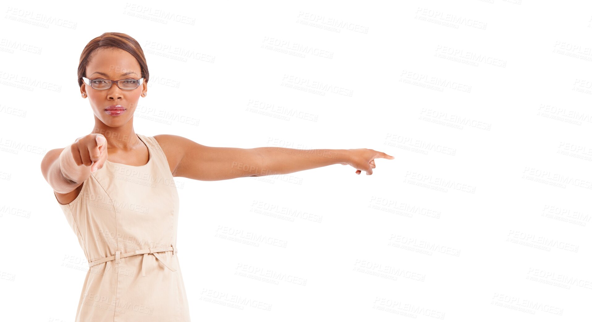 Buy stock photo Hand, pointing to you and portrait of angry, teacher with strict, warning or discipline on transparent, isolated or png background. Dismissal, direction and black woman with punishment in class