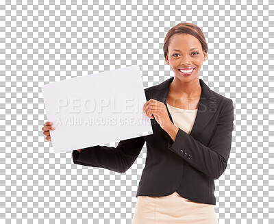 Buy stock photo Black woman, portrait and billboard in advertising, presentation or message isolated on a transparent PNG background. Happy African female person smile with poster or sign in business for marketing