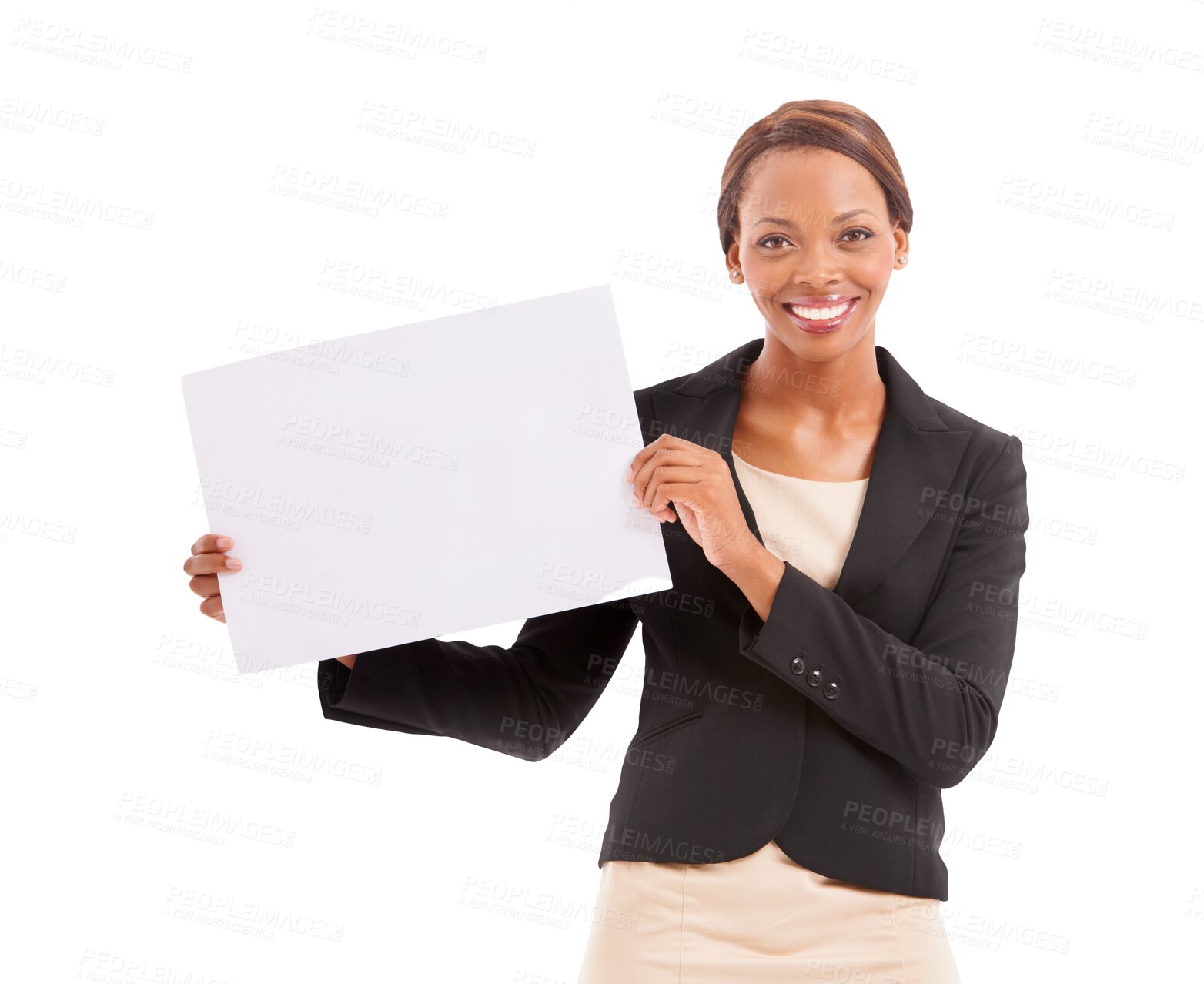 Buy stock photo Black woman, portrait and billboard in advertising, presentation or message isolated on a transparent PNG background. Happy African female person smile with poster or sign in business for marketing