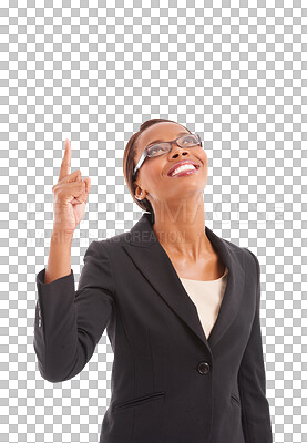 Buy stock photo Business woman, pointing up and presentation for job announcement, news or Human Resources advertising. HR person and hand show career information and work idea isolated on png transparent background