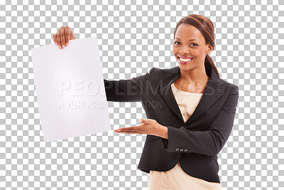 Buy stock photo Black woman, portrait and poster in advertising, presentation or message isolated on a transparent PNG background. Happy African female person smile with billboard or sign in business for marketing