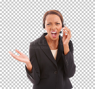 Buy stock photo Business, telemarketing and black woman screaming, stress or consultant isolated on a transparent background. Angry, female employee or agent with a headset, call center or shouting in stress on png