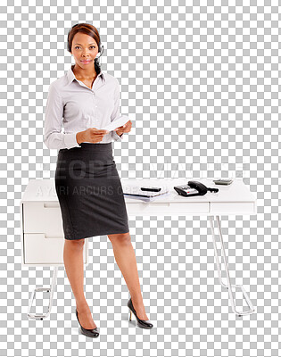 Buy stock photo Business woman, call center and office desk for communication planning and consultant advice. Secretary, African person or virtual assistant notes in portrait isolated on PNG, transparent background