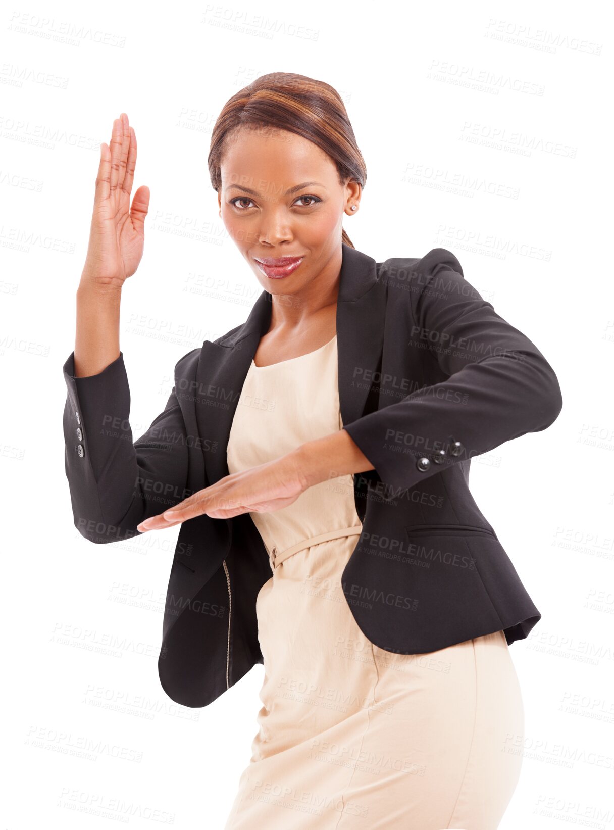 Buy stock photo Business woman, karate or fight for corporate confidence, management and funny dance in career portrait. Professional african person in martial arts or training isolated on transparent png background