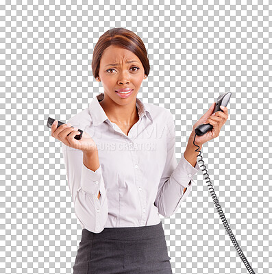 Buy stock photo Stress, secretary or portrait of woman with phone, communication and overwhelmed on transparent, isolated or png background. Anxiety, crisis and receptionist in business multitasking with telephone