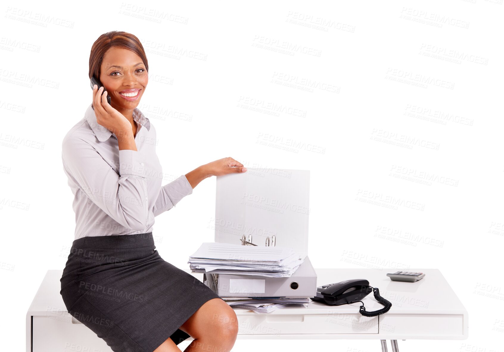 Buy stock photo Paperwork, portrait or businesswoman on a phone call for networking isolated on transparent png background. Communication, conversation or happy employee speaking of portfolio or documents on mobile