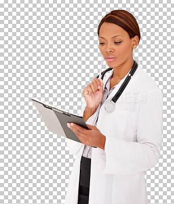 Buy stock photo Clipboard, doctor or black woman reading for hospital schedule, planning or healthcare checklist. Thinking, nurse or medical documents info or prescription isolated on transparent png background 