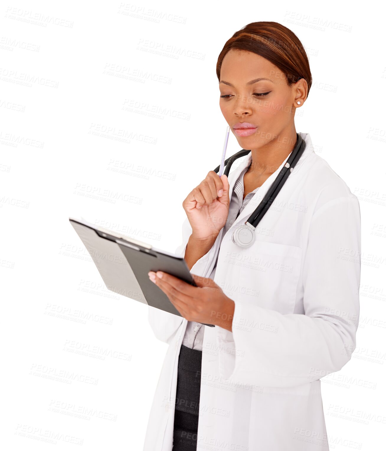 Buy stock photo Clipboard, doctor or black woman reading for hospital schedule, planning or healthcare checklist. Thinking, nurse or medical documents info or prescription isolated on transparent png background 