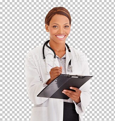 Buy stock photo Doctor, portrait and black woman on checklist, happy and isolated on a transparent png background. Face, chart and African medical professional, worker or employee on clipboard in healthcare hospital