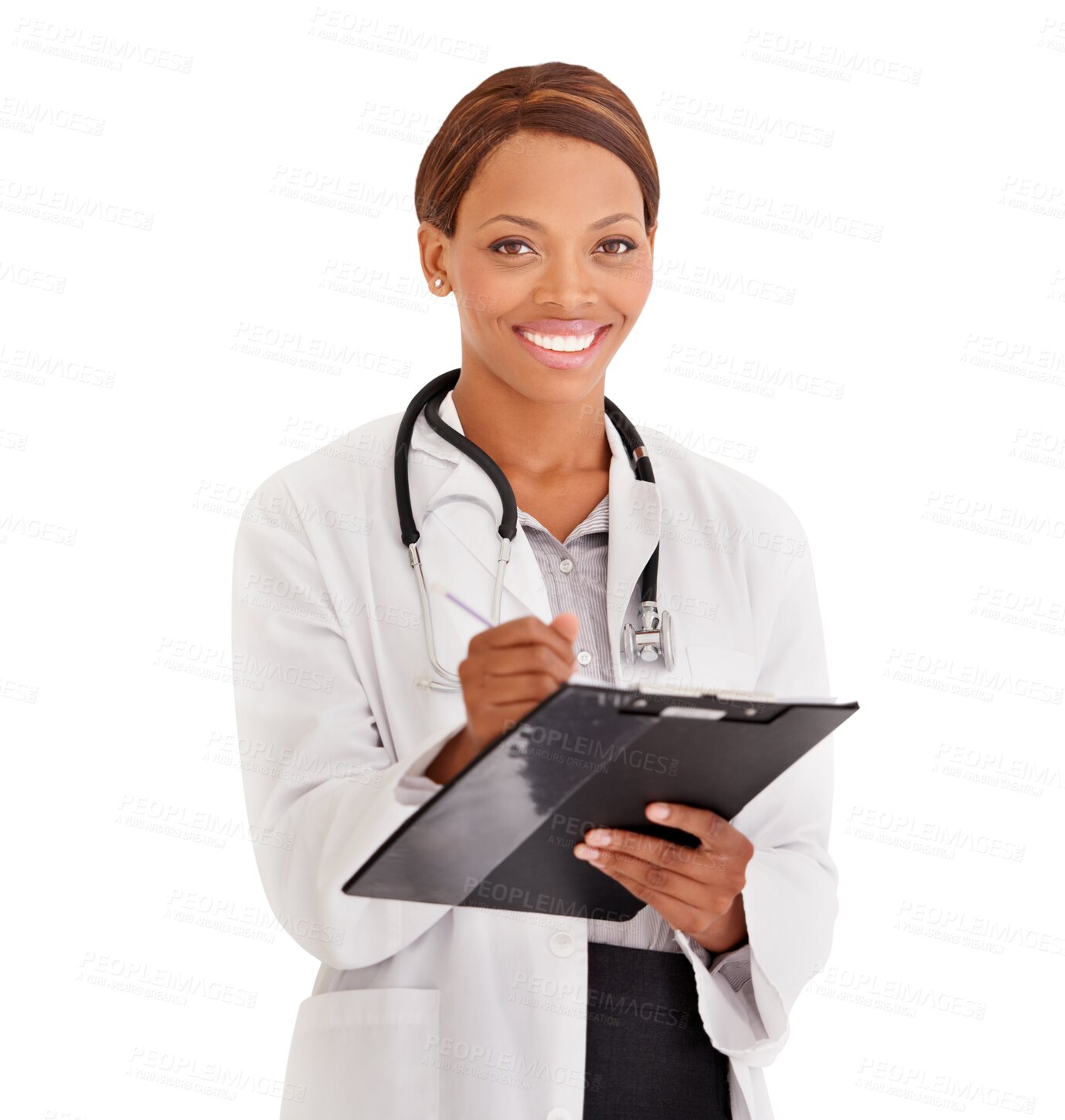 Buy stock photo Doctor, portrait and black woman on checklist, happy and isolated on a transparent png background. Face, chart and African medical professional, worker or employee on clipboard in healthcare hospital