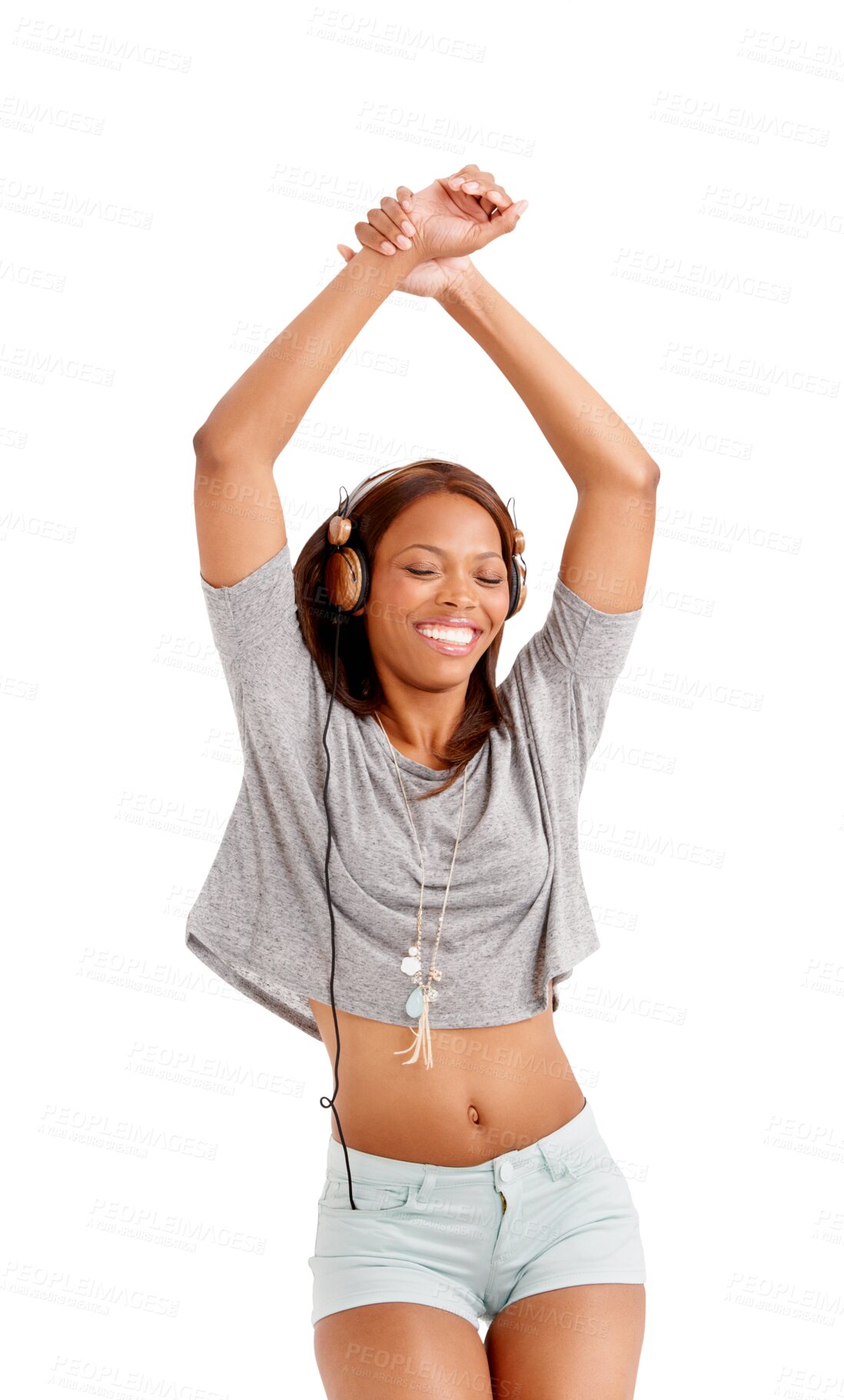 Buy stock photo Black woman, headphones and listening to music in dance isolated on a transparent PNG background. Happy African female person enjoying audio streaming, sound track or entertainment songs with headset