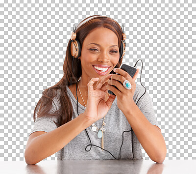 Buy stock photo Headphones, cellphone and young woman listening to music, playlist or album on internet. Happy, smile and African female person streaming song with technology isolated by transparent png background.