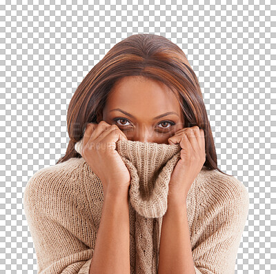 Buy stock photo Woman, portrait and sweater cover face for winter fashion isolated transparent, png background. Shy and happy young person or model hiding in jersey for secret, soft knitwear or clothes and style