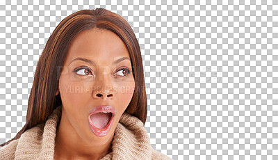 Buy stock photo Surprise, wow or black woman with announcement or promotion isolated on transparent png background. Thinking, omg or mind blown face of African person shocked by sale discount, news or gossip secret 