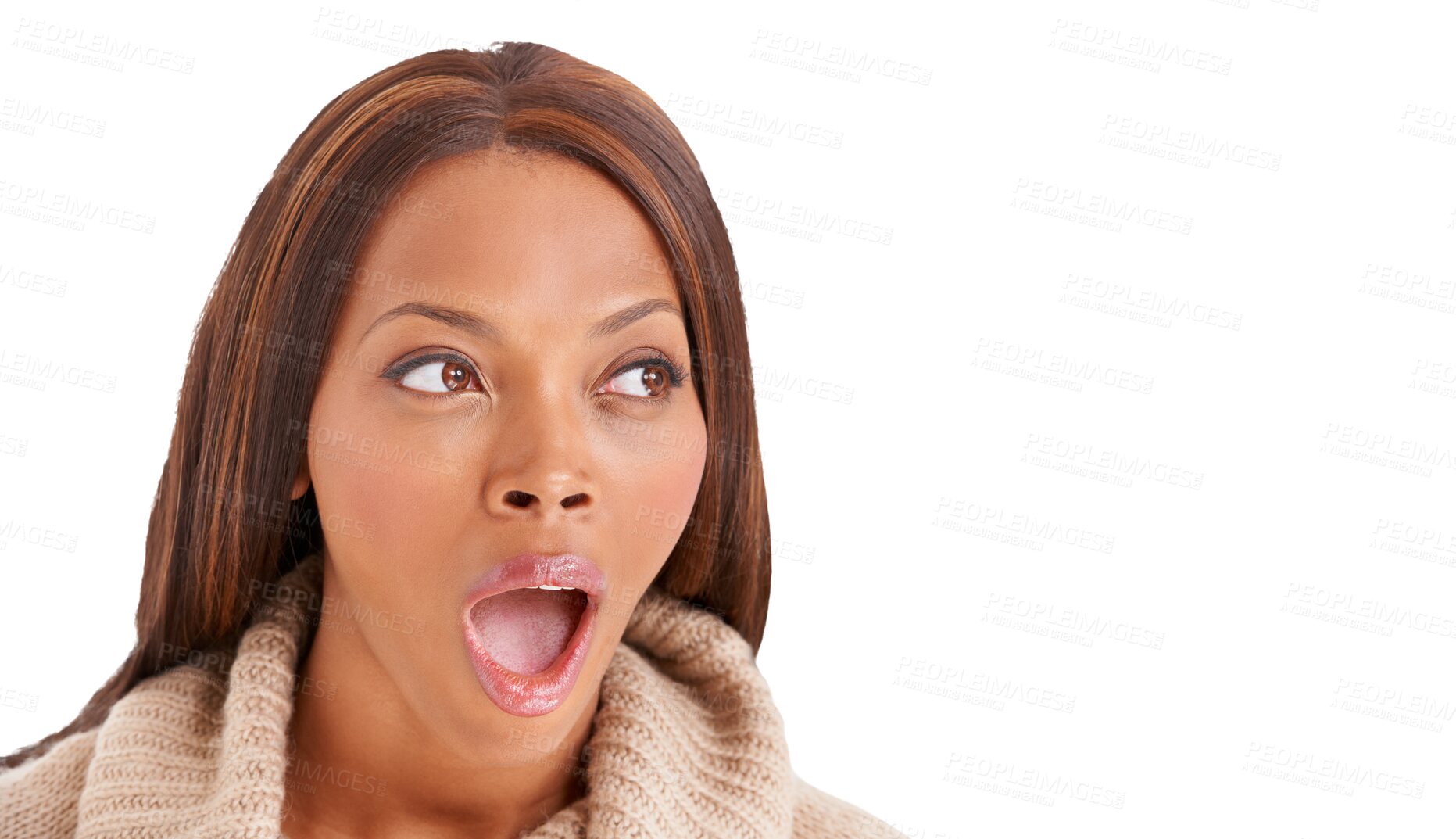 Buy stock photo Surprise, wow or black woman with announcement or promotion isolated on transparent png background. Thinking, omg or mind blown face of African person shocked by sale discount, news or gossip secret 