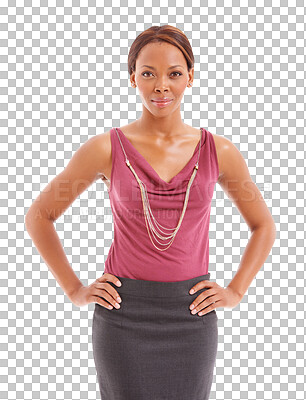 Buy stock photo Fashion dress, confidence and black woman in portrait isolated on a transparent png background. Style, aesthetic and happy African person in formal clothes for party, celebration or event in Kenya