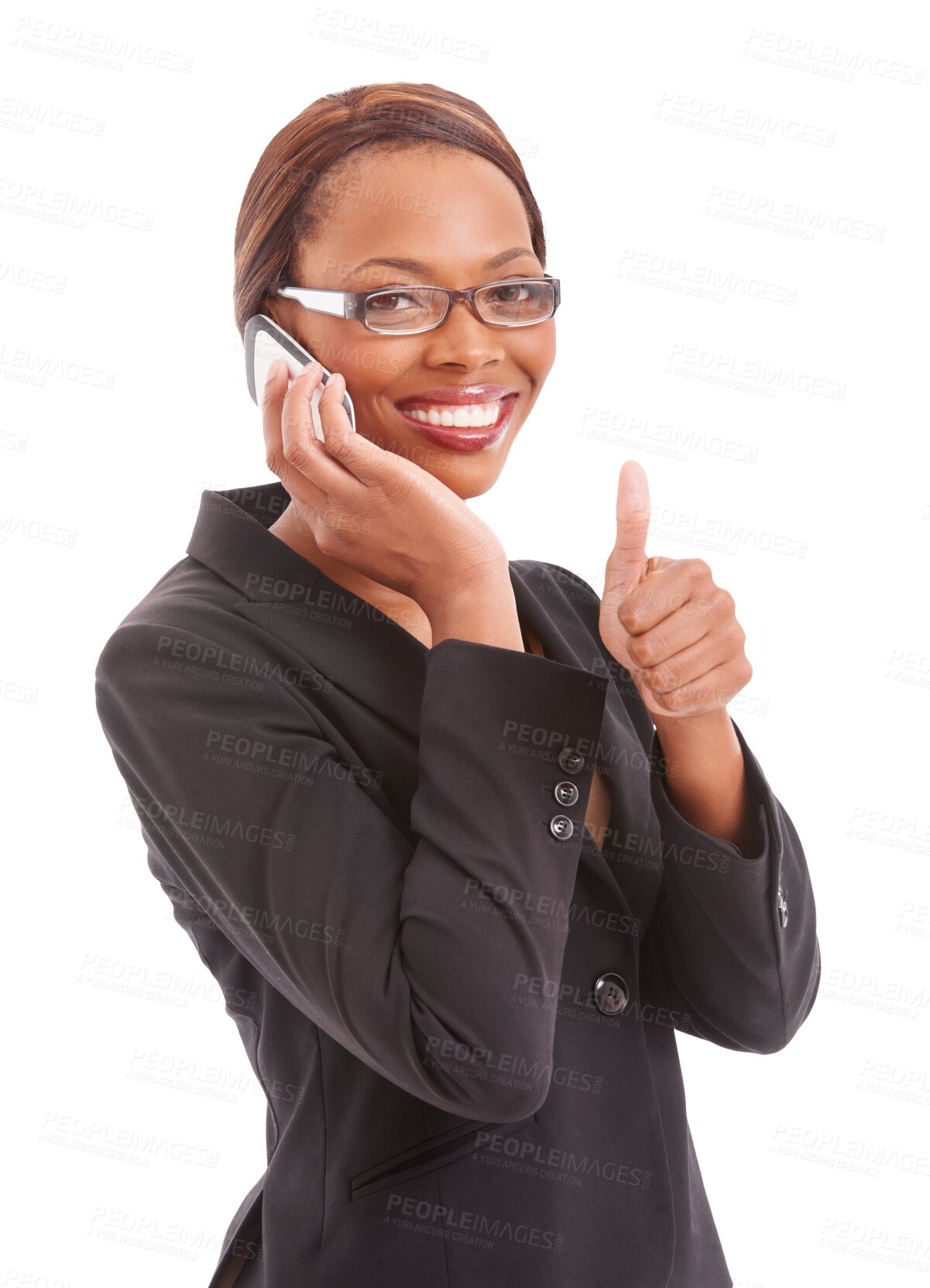 Buy stock photo Business woman, phone call and thumbs up for communication success, job search news and like sign. Portrait of african person on mobile with yes or okay emoji isolated on PNG, transparent background