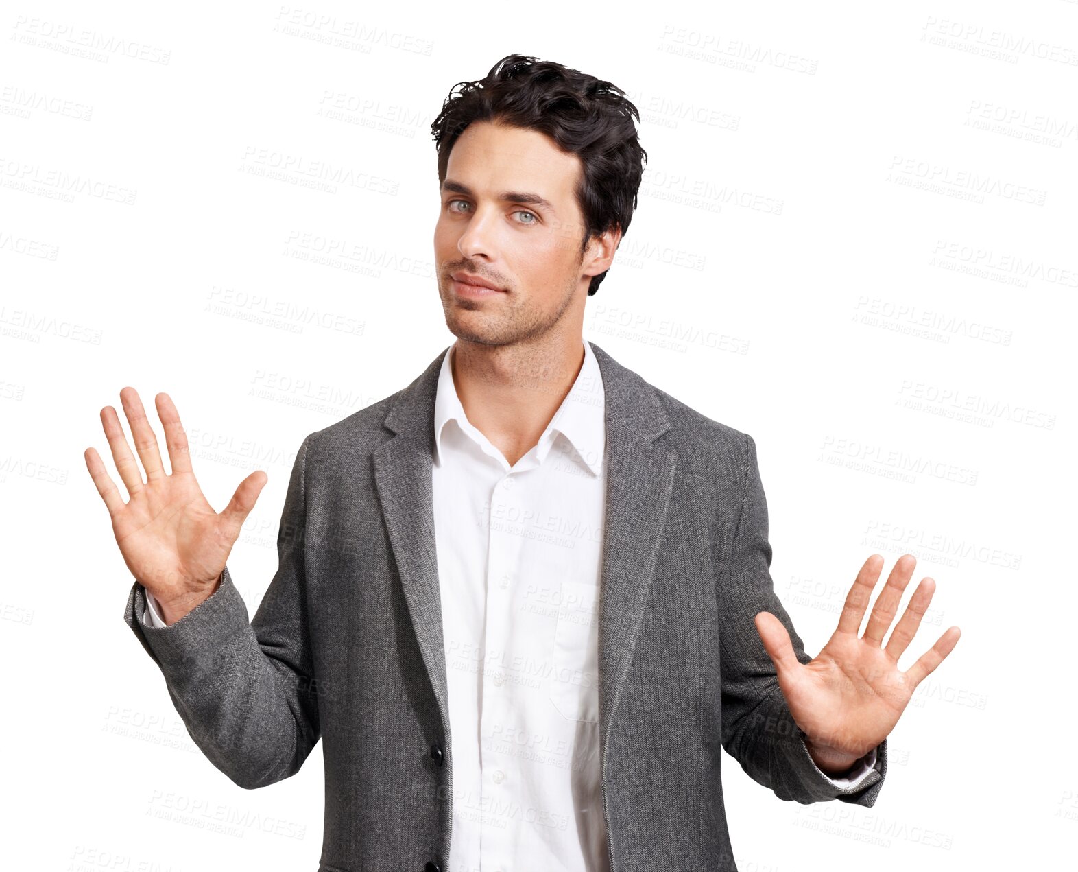 Buy stock photo Portrait, hands and man with reject, no and promotion isolated on a transparent background. Face, male person and model with gesture, showing and stop with png, warning and protest with emoji 