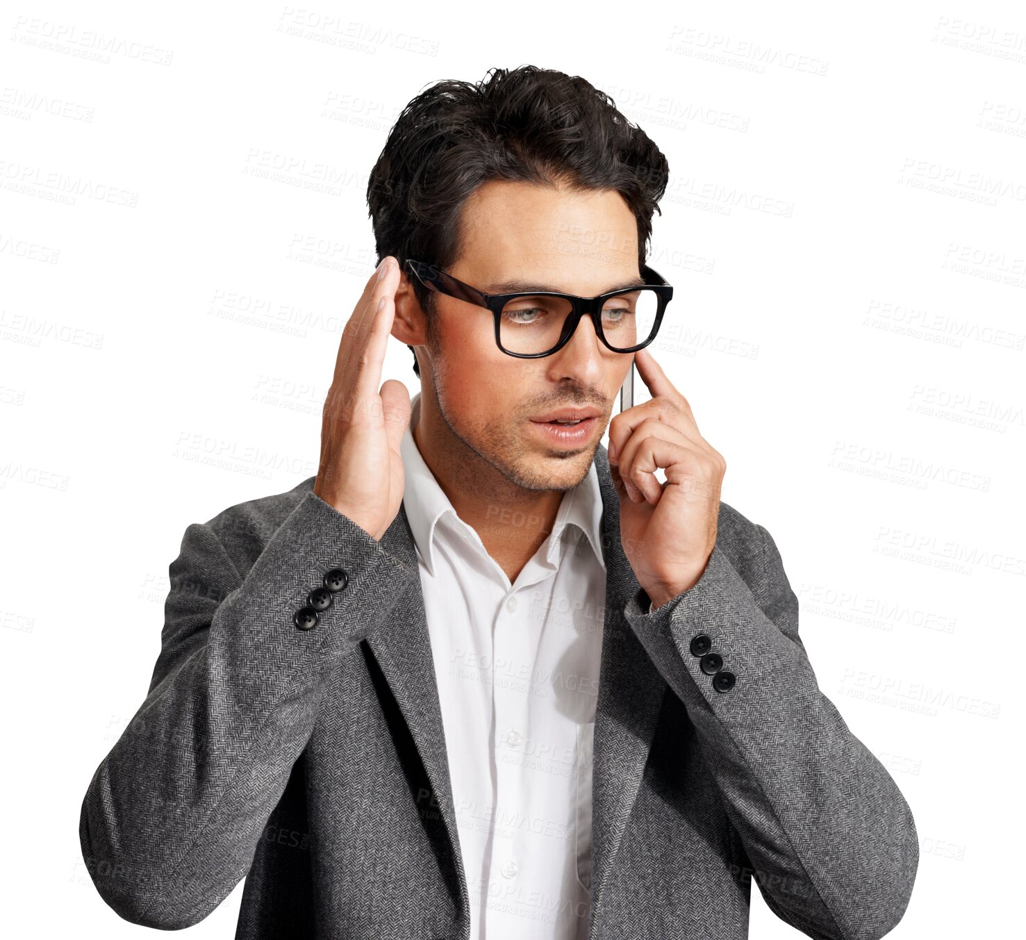 Buy stock photo Business man, phone call and listening to serious communication or conversation. Corporate male person isolated on a transparent, png background with a smartphone and hearing or connection issue