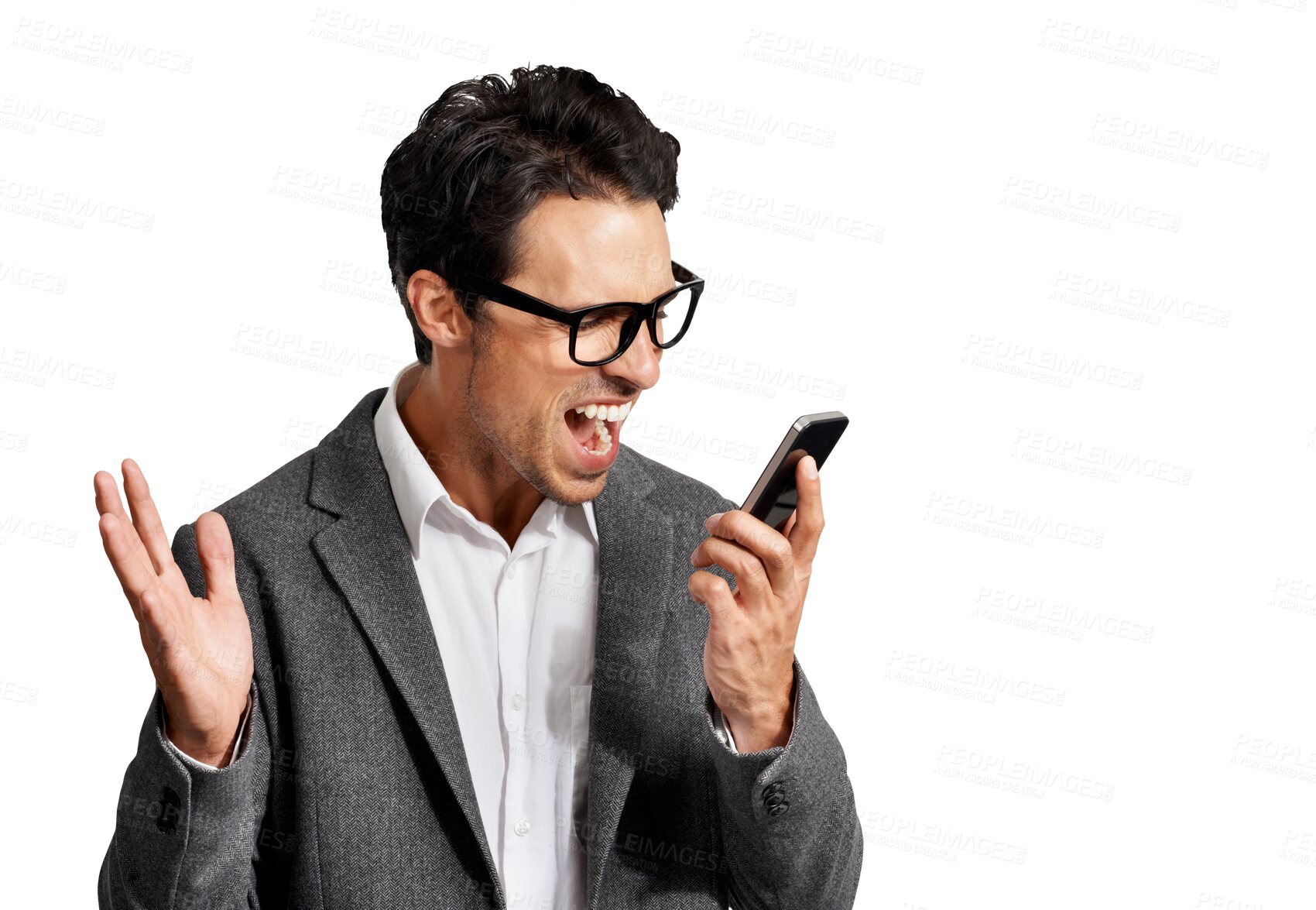 Buy stock photo Business man, phone and shout or angry about communication or voice command. Corporate male person isolated on a transparent, png background with a smartphone and stress for bad deal or connection