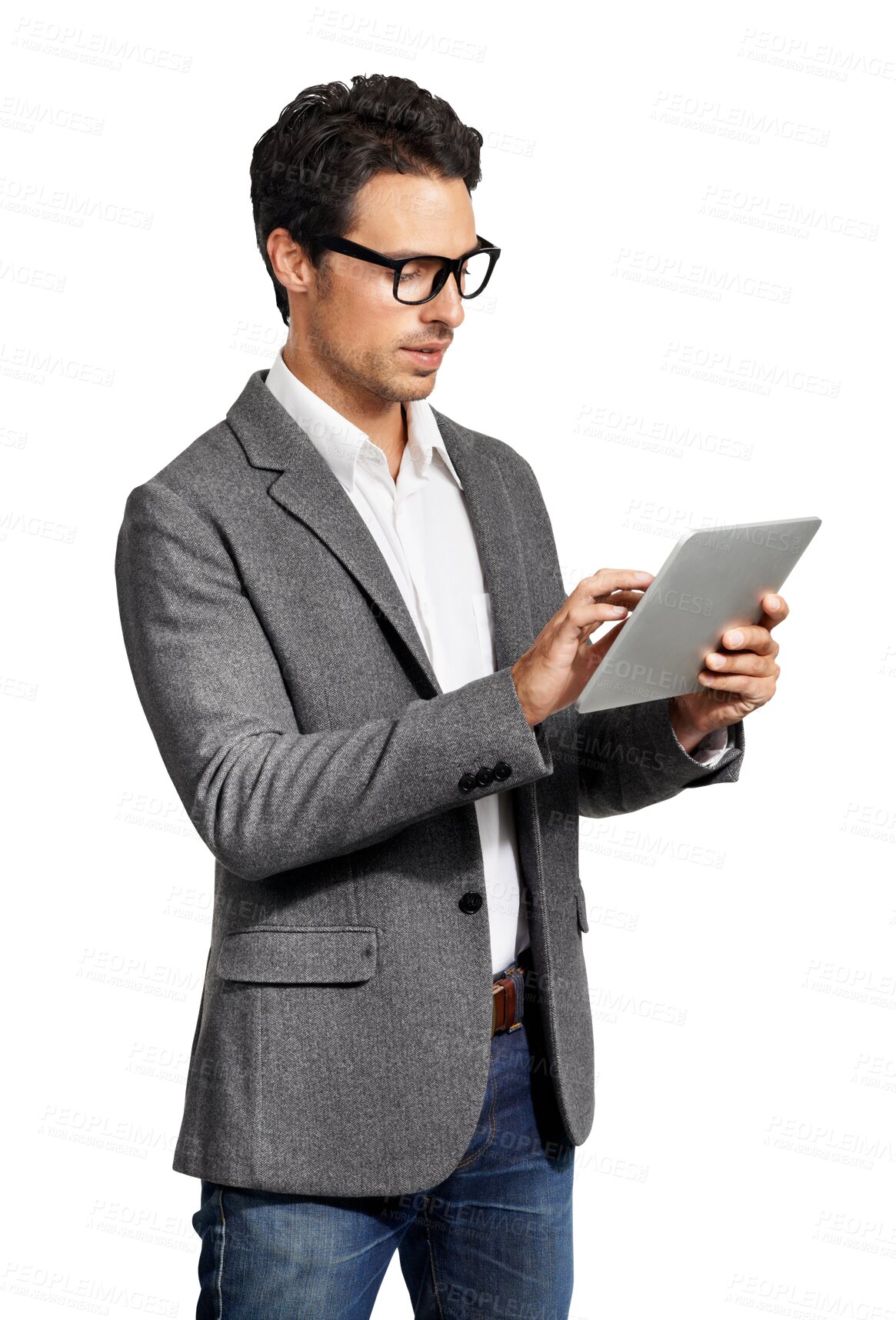 Buy stock photo Business man, tablet and typing online for communication, search or chat. Male person isolated on a transparent, png background with technology for internet connection, social media or network