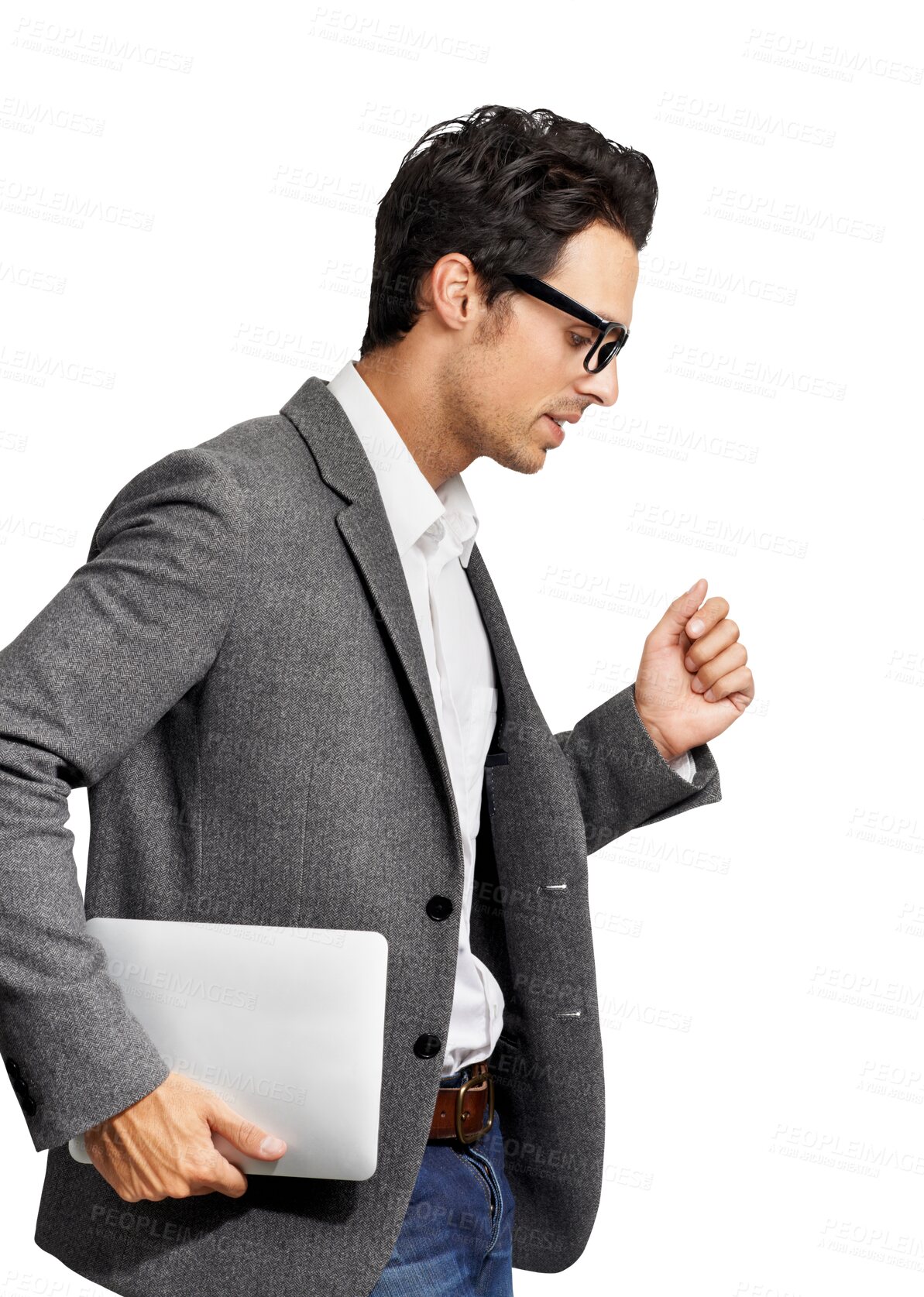 Buy stock photo Business man, running late and tablet for career opportunity, professional job in marketing isolated on PNG, transparent background. Young person, employee or worker walking with digital tablet