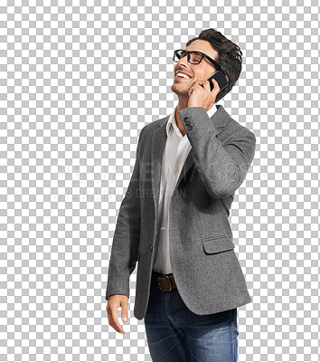 Buy stock photo Phone call, funny and business man talking isolated on a transparent png background. Smartphone, happy and professional in chat, conversation and mobile communication, contact speaking and laughing