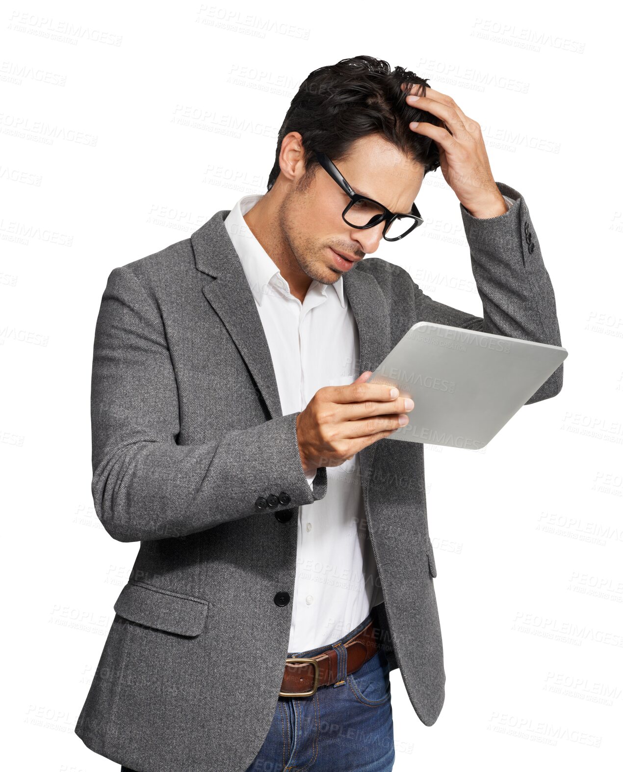 Buy stock photo Stress, frustrated and business man with a tablet reading bad news, fail or glitch. Confused person isolated on a transparent, png background with a technology for internet connection, app or network