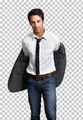 Buy stock photo Undressing, jacket and portrait of business man in blazer, jeans and casual work style on transparent, isolated or png background. Real estate, intern or realtor with suit shirt, tie and fashion