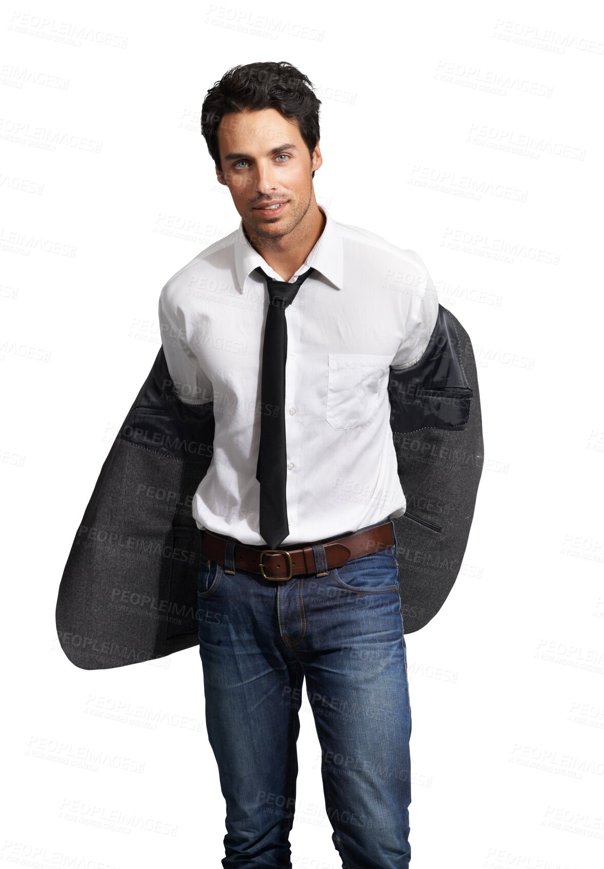 Buy stock photo Undressing, jacket and portrait of business man in blazer, jeans and casual work style on transparent, isolated or png background. Real estate, intern or realtor with suit shirt, tie and fashion