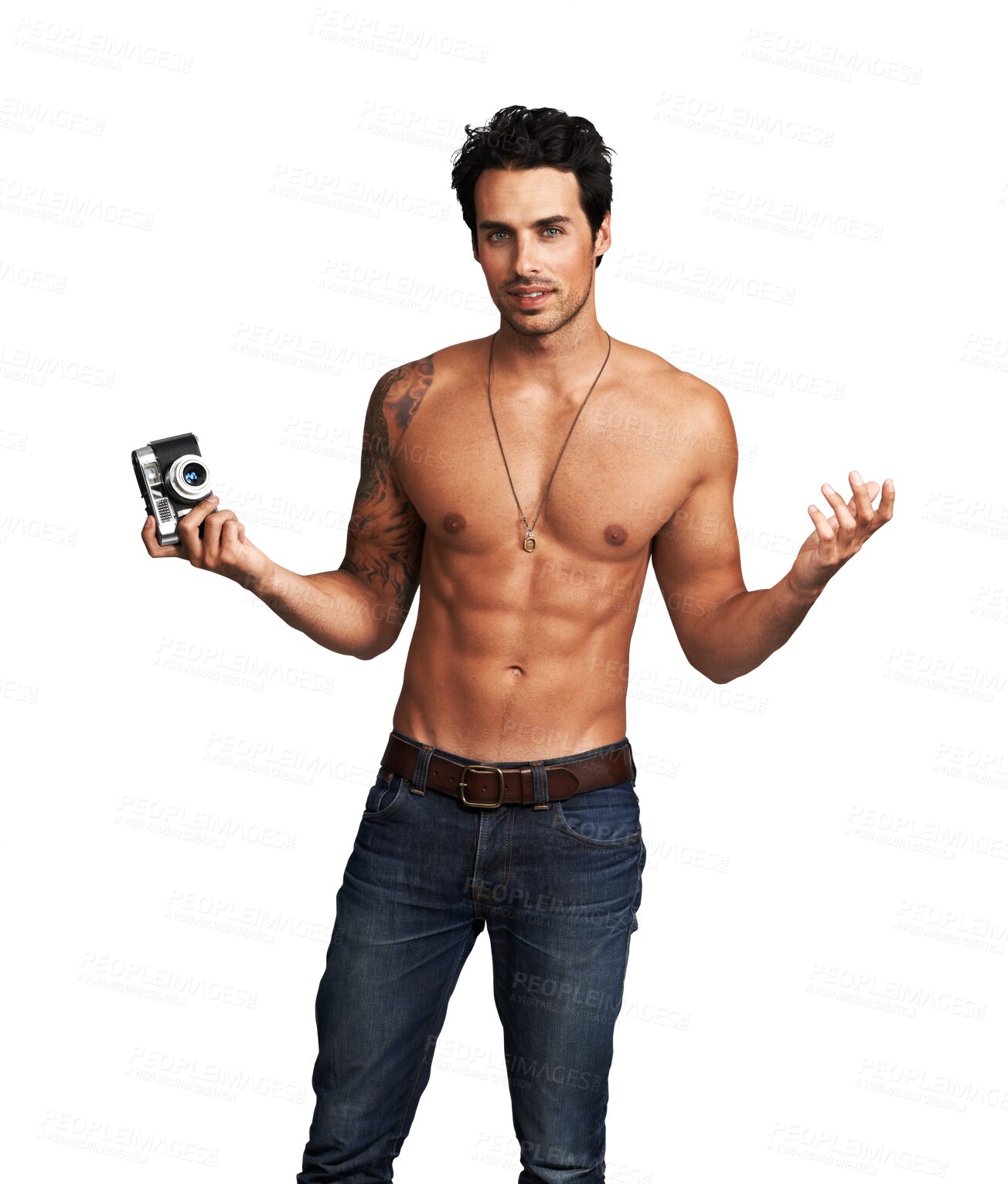 Buy stock photo Shirtless, photographer and portrait of man with a camera, film or picture with body on transparent, isolated or png background. Vintage, photography and handsome cameraman or sexy person with muscle