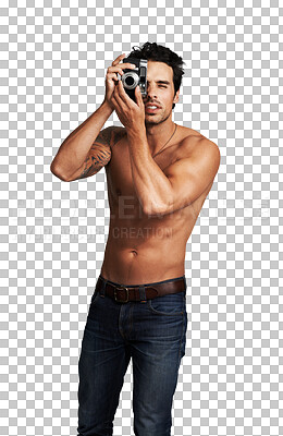 Buy stock photo Camera, fitness or shirtless man photographer isolated on transparent png background for body health. Sexy, photography or creative topless male person with wellness, confidence or taking pictures