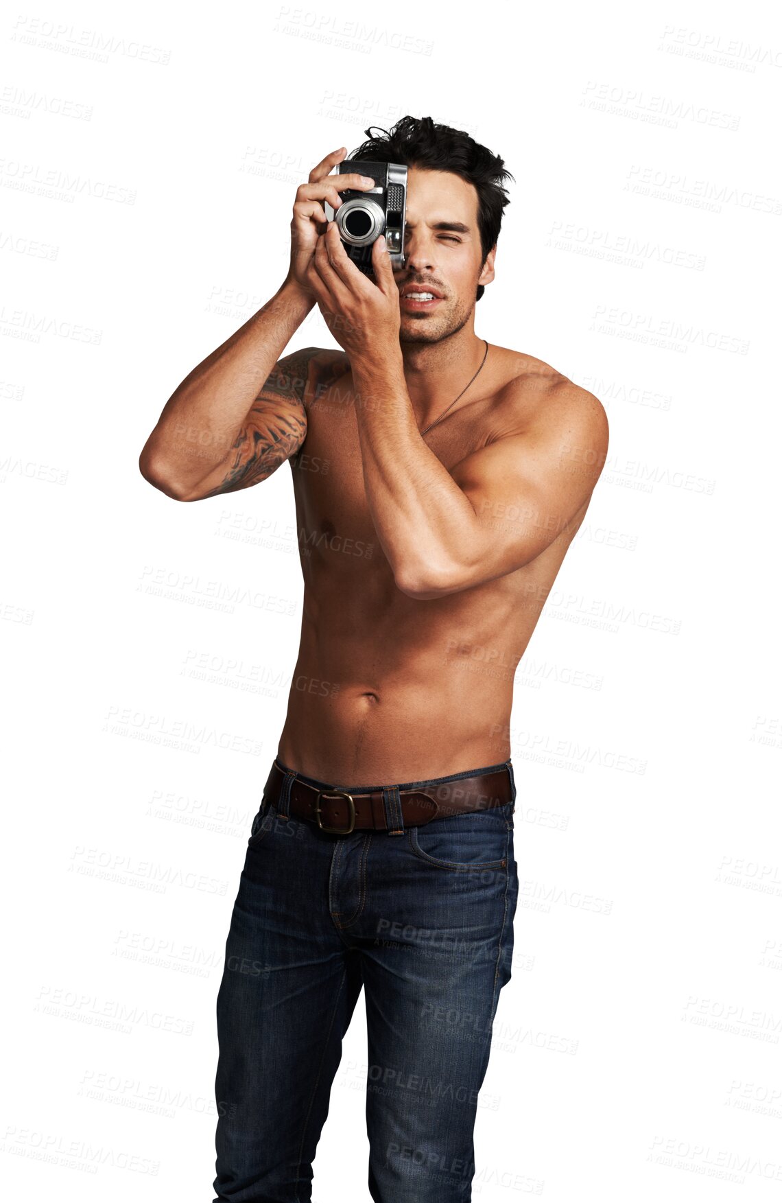 Buy stock photo Camera, fitness or shirtless man photographer isolated on transparent png background for body health. Sexy, photography or creative topless male person with wellness, confidence or taking pictures