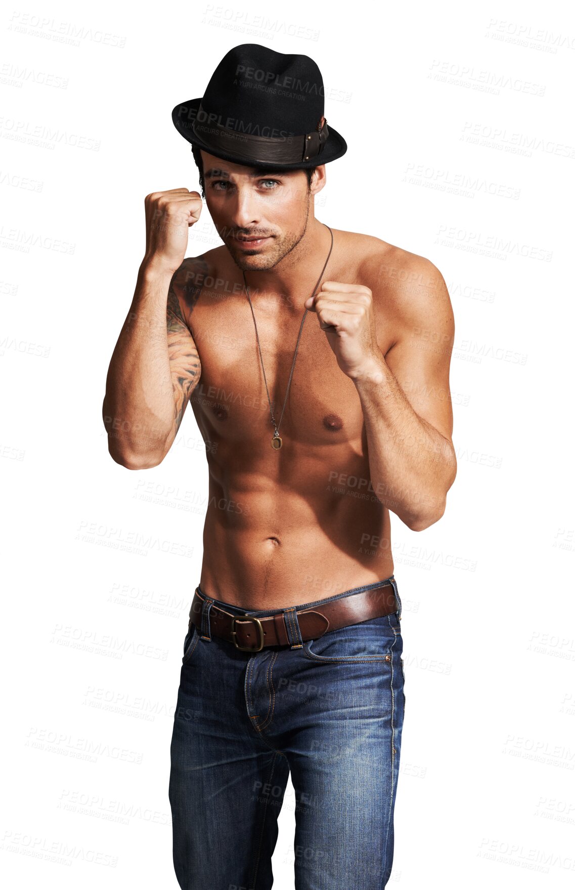 Buy stock photo Fighter boxing, fitness and topless man on isolated on transparent png background for self defense. Body health, hat or shirtless male athlete boxer ready to punch in workout, training or exercise