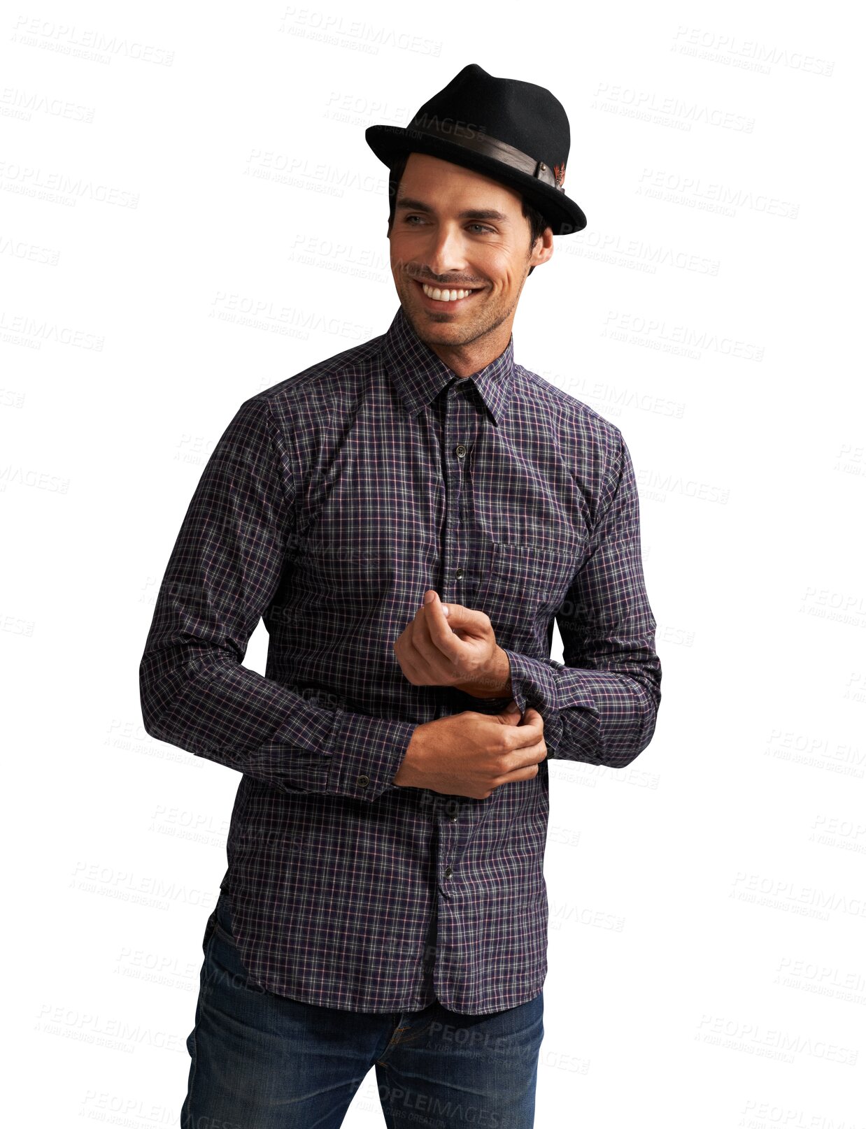 Buy stock photo Hipster, fashion and man button shirt, cuffs or touching sleeve  and dressing in morning on transparent, isolated or png background. Unique, retro or vintage style on guy with happiness or confidence