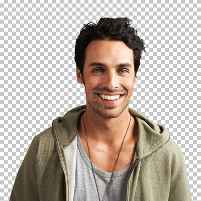 Buy stock photo Fashion portrait, happy and man in hoodie isolated on a transparent png background. Face, smile and person in sweatshirt, casual clothes and style in tshirt, aesthetic and confidence in Australia