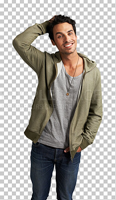 Buy stock photo Confidence, fashion and portrait of man with style on isolated, png and transparent background. Handsome, pride and male person in Argentina in trendy clothes, casual outfit and scratching head