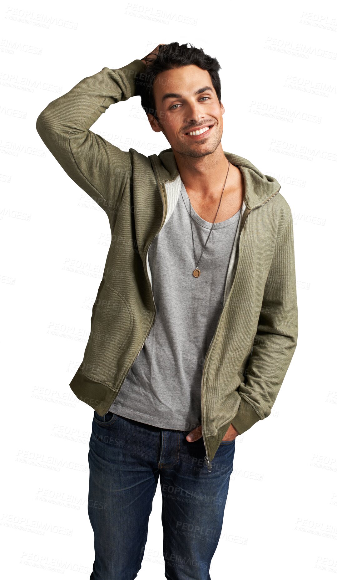 Buy stock photo Confidence, fashion and portrait of man with style on isolated, png and transparent background. Handsome, pride and male person in Argentina in trendy clothes, casual outfit and scratching head