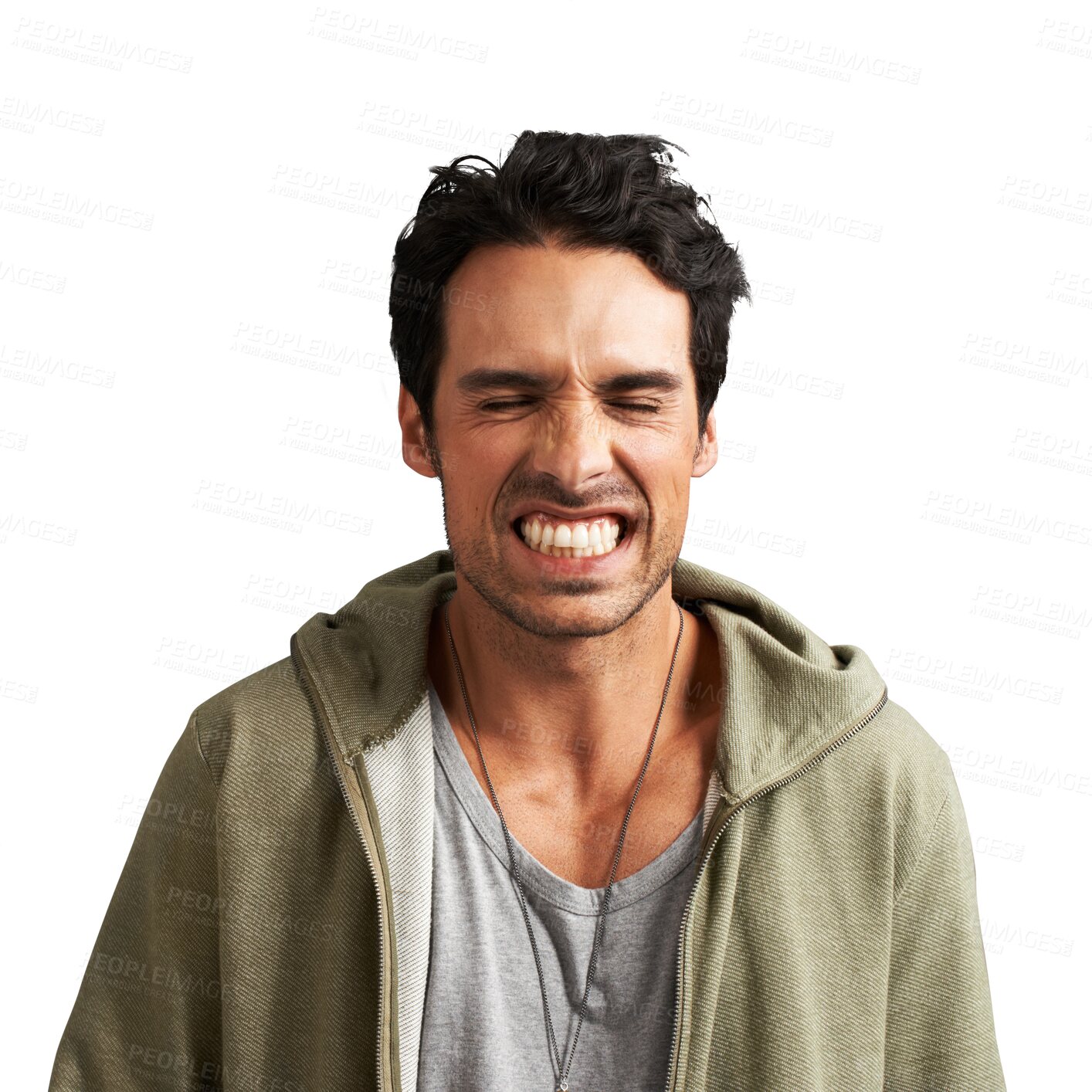 Buy stock photo Young man, angry and show teeth for stress, frustrated and anxiety for education, college or university. Casual person or student for study debt or mistake isolated on a png, transparent background 